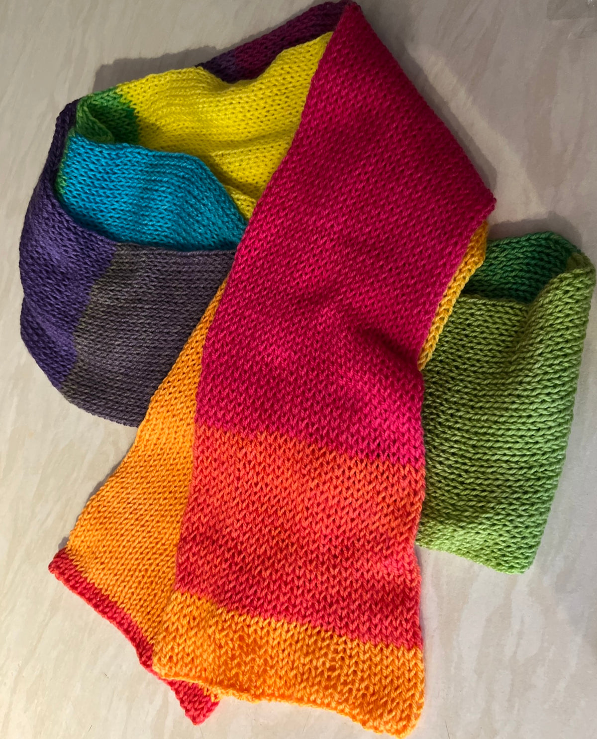 Rainbow coloured Hand knitted scarf extra long 2.5m in length