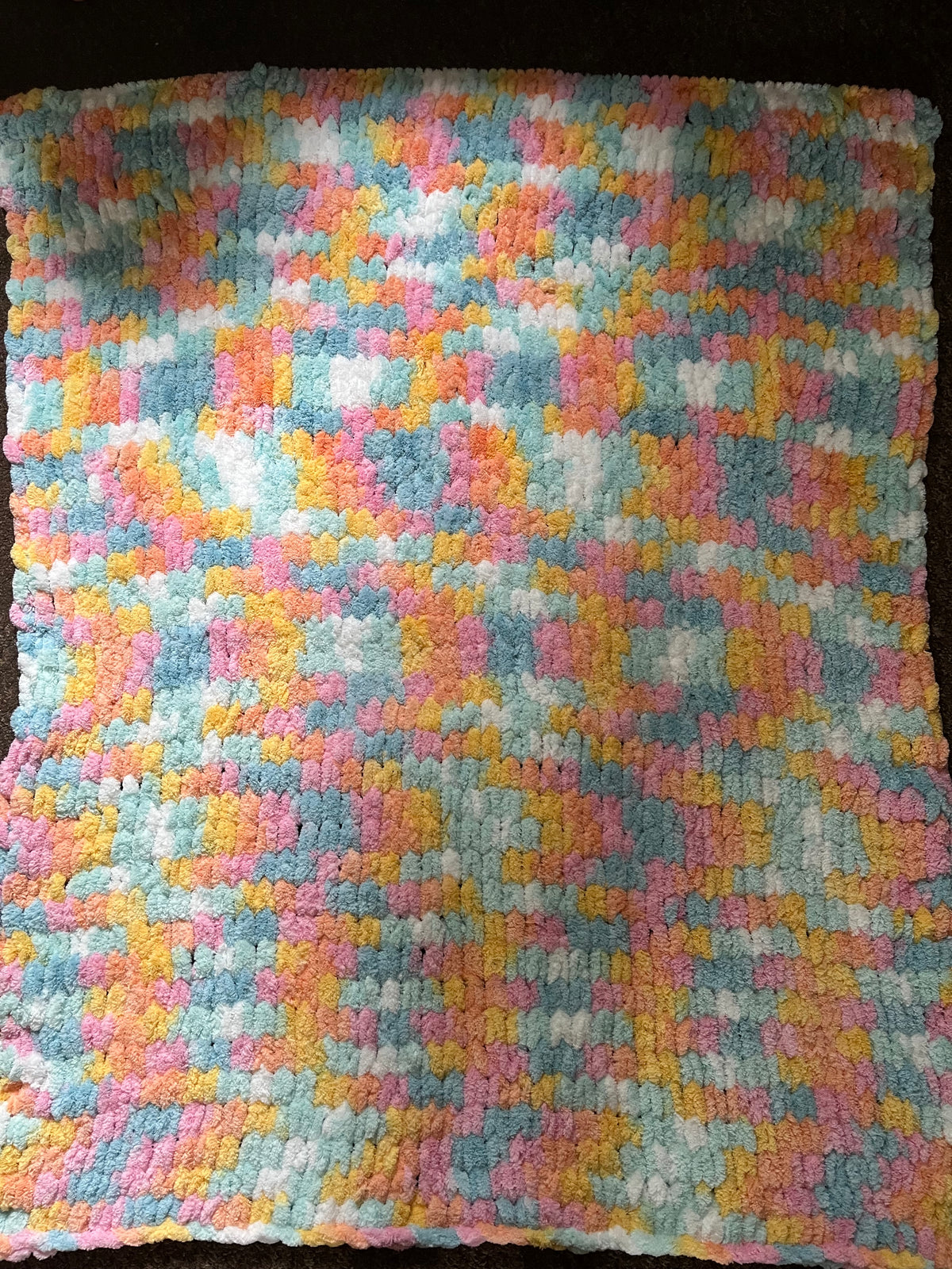 Beautiful flump coloured hand knitted chenille blanket 1.2M x 1M