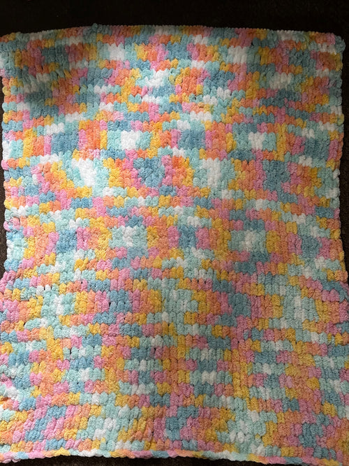 Beautiful flump coloured hand knitted chenille blanket 1.2M x 1M