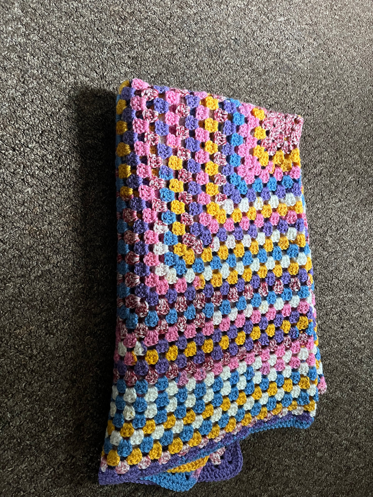Beautiful jelly bean coloured crocheted blanket 1.3M x 1.3M