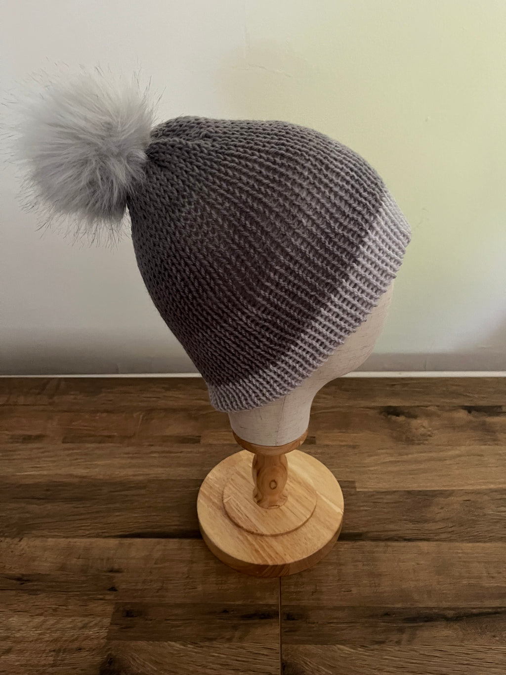 Grey Beanie hat with faux fur Pom Pom