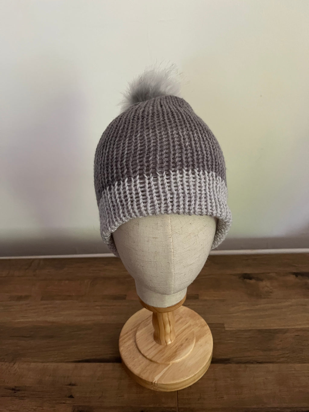 Grey Beanie hat with faux fur Pom Pom