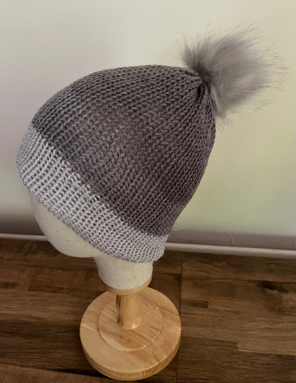 Grey Beanie hat with faux fur Pom Pom
