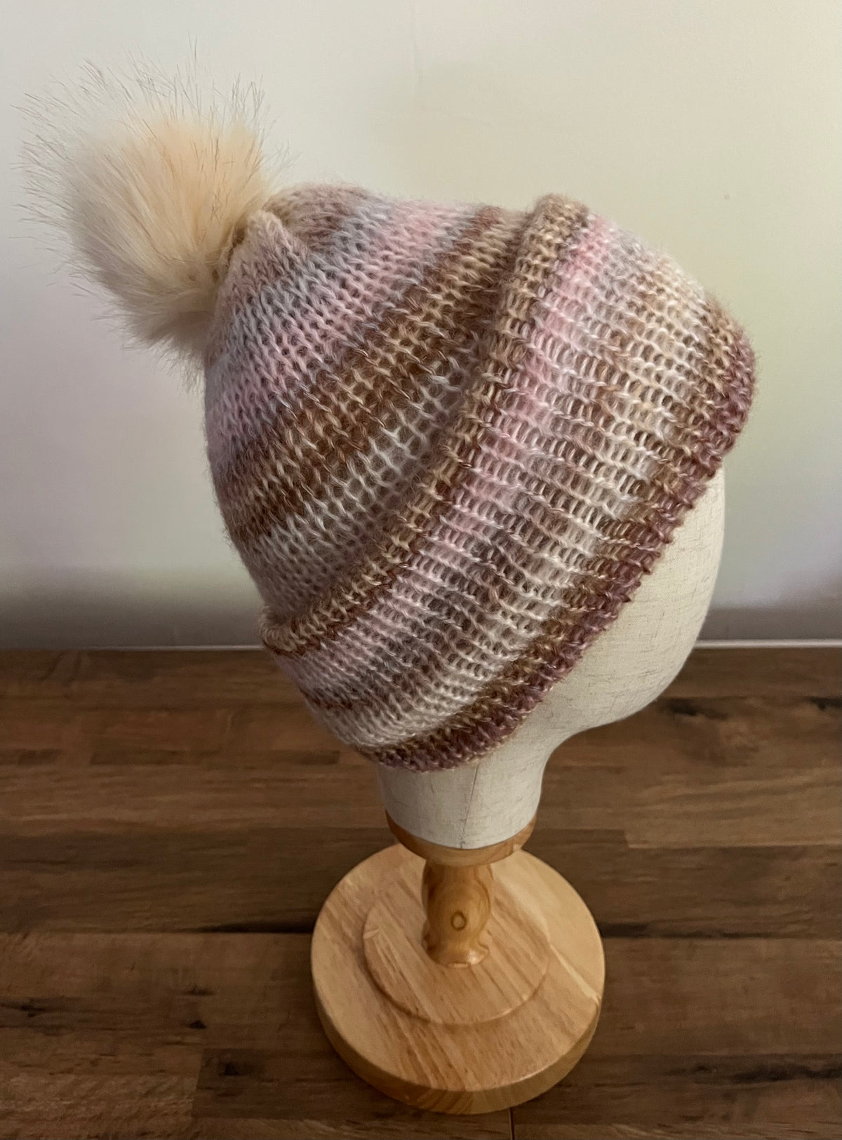 Handmade mohair blend hat with faux fur Pom Pom with a wide brim