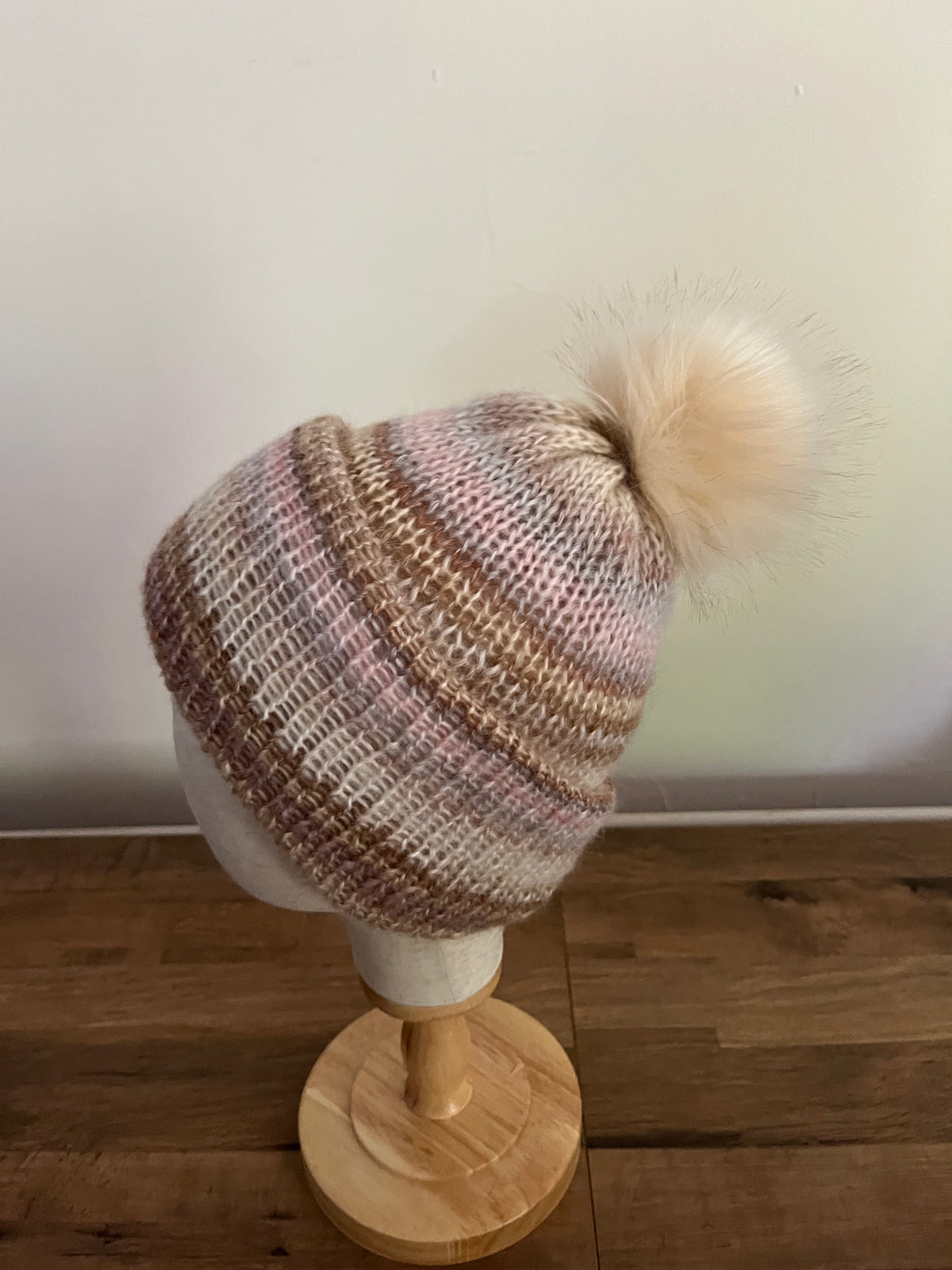 Handmade mohair blend hat with faux fur Pom Pom with a wide brim