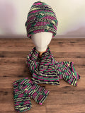 Adult hat, long scarf 180cm and glove set in bright wicked colours