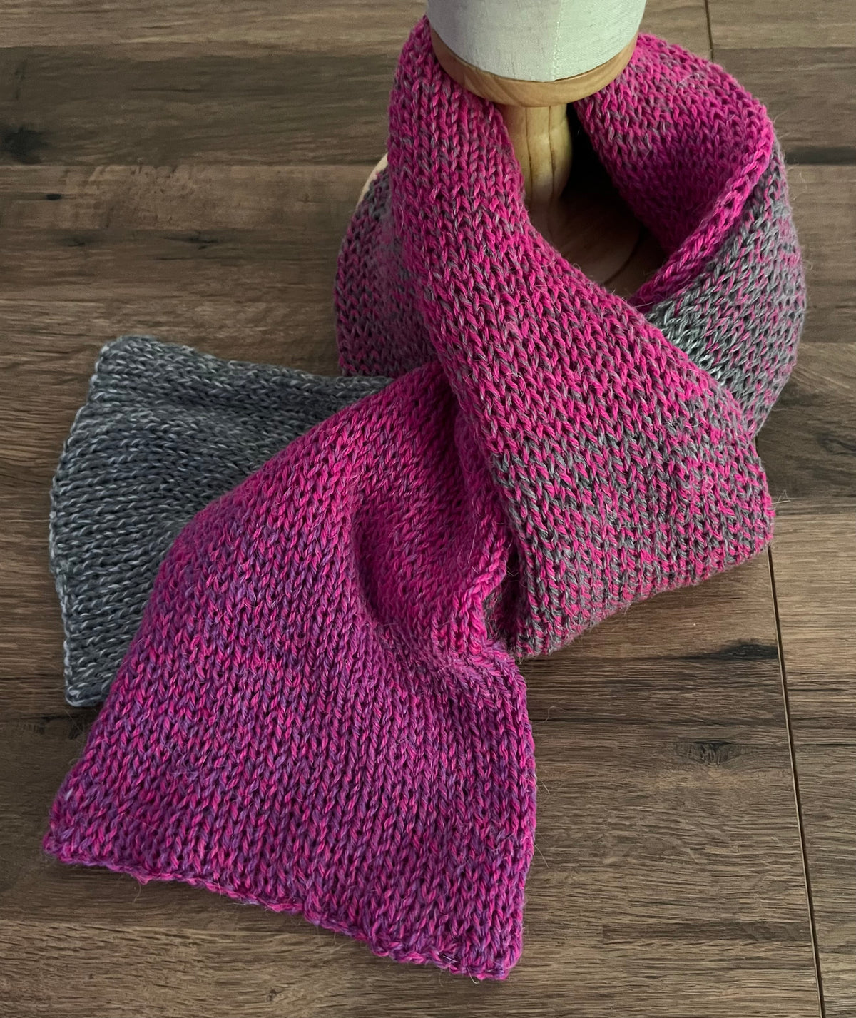 Hand knitted alpaca blend scarf 190cm in beautiful pink and grey