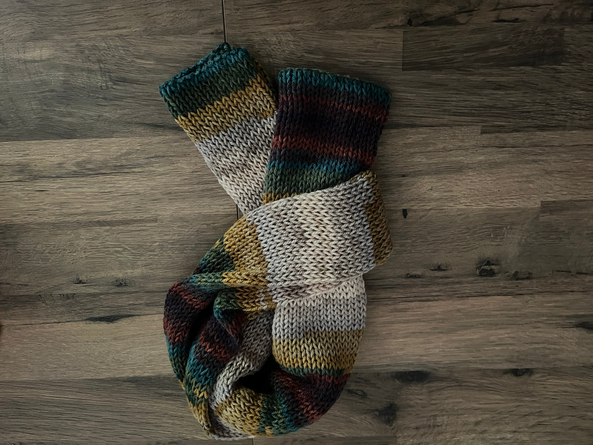 Hand knitted woods coloured scarf 1.4m