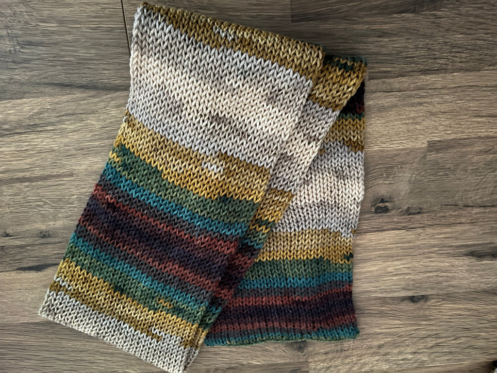 Hand knitted woods coloured scarf 1.4m