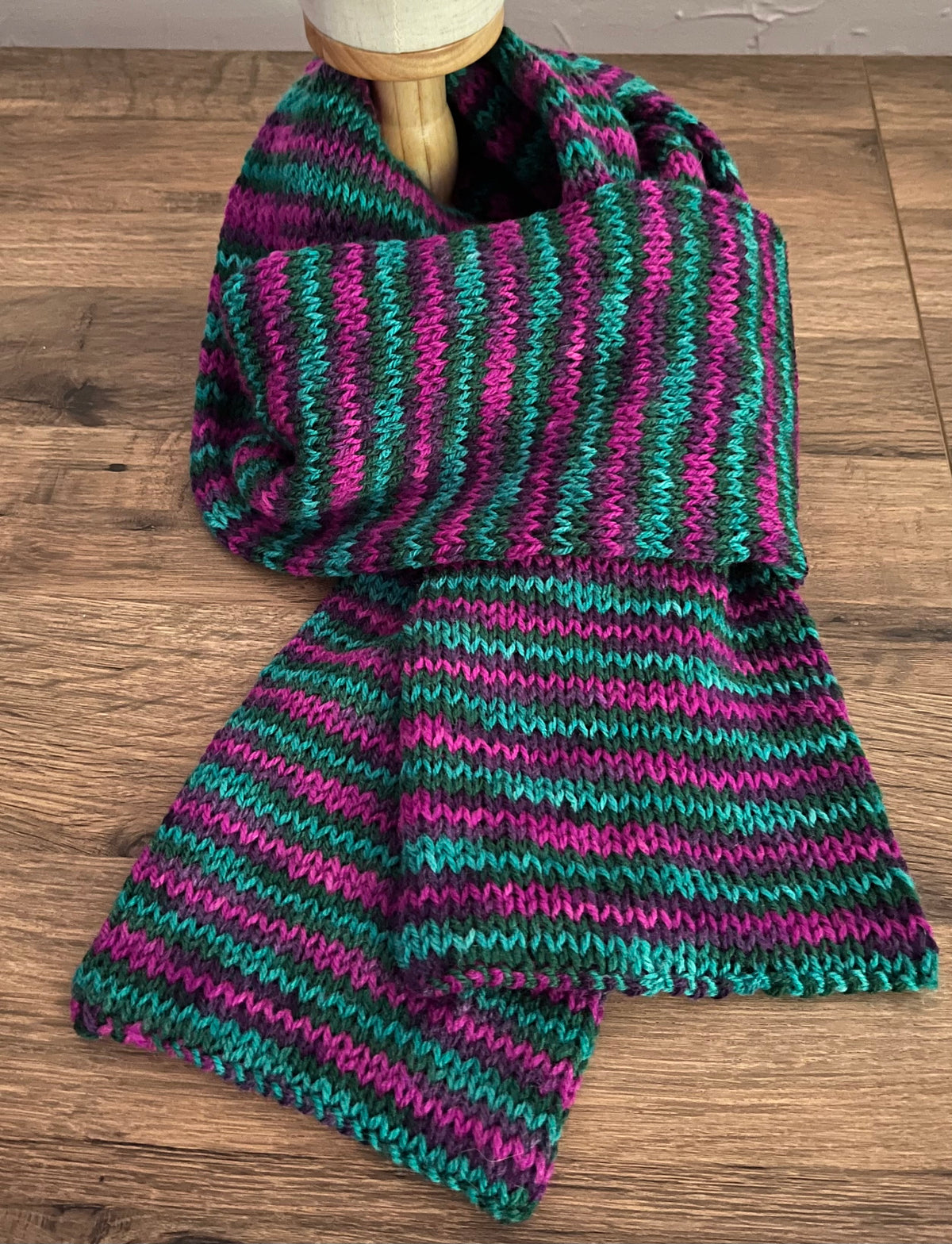 Hand knitted Magenta and teal stripe scarf 1.8m