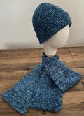 Hand knitted hat and scarf 1.6m bundle in deep ocean colours