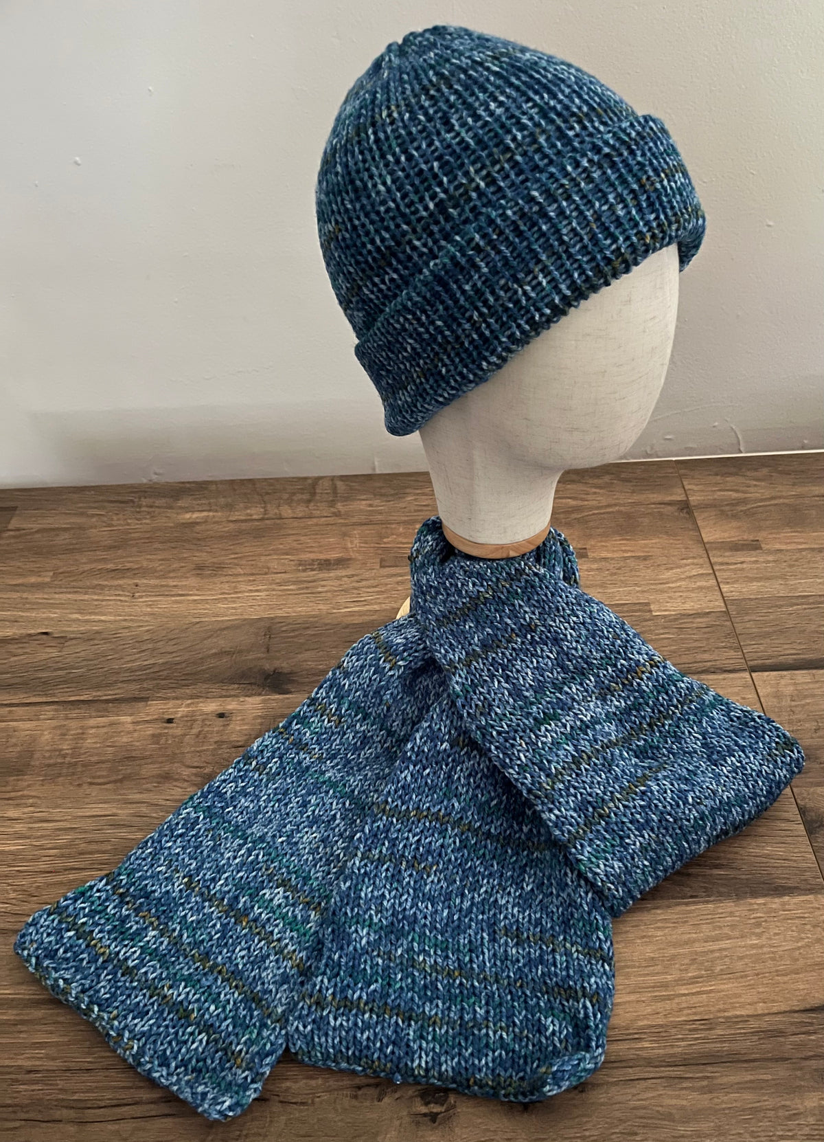 Hand knitted hat and scarf 1.6m bundle in deep ocean colours
