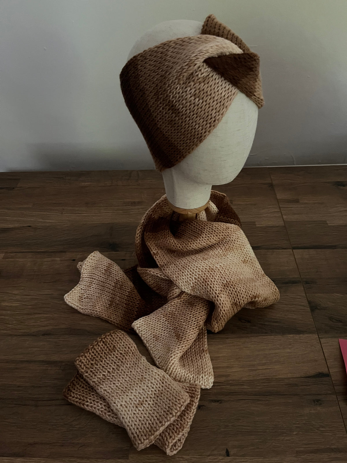 Hand knitted coffee coloured ear warmer, scarf 1.6m and glove bundle
