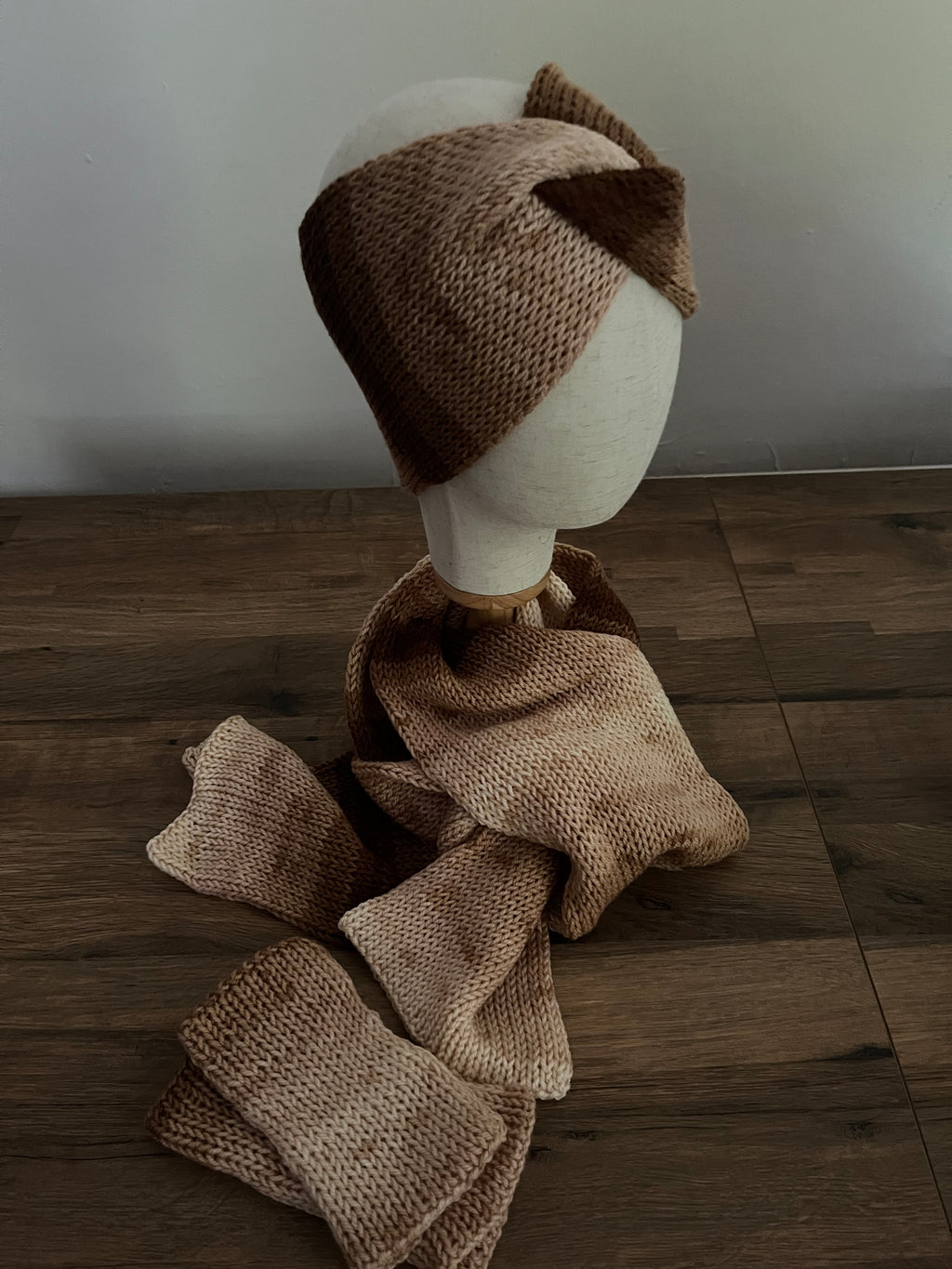 Hand knitted coffee coloured ear warmer, scarf 1.6m and glove bundle