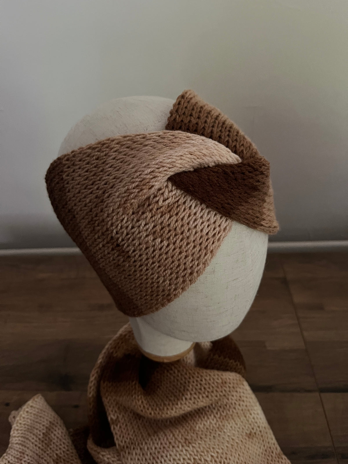 Hand knitted coffee coloured ear warmer, scarf 1.6m and glove bundle