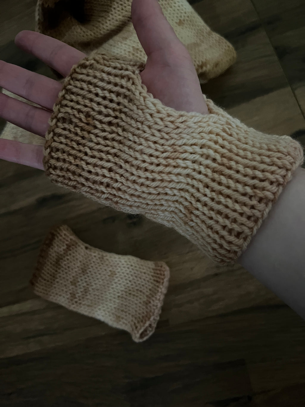 Hand knitted coffee coloured ear warmer, scarf 1.6m and glove bundle