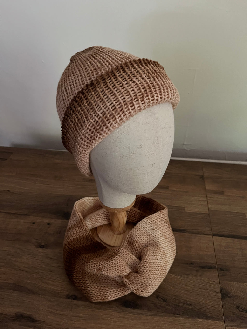 Coffee coloured knitted hat and cowl