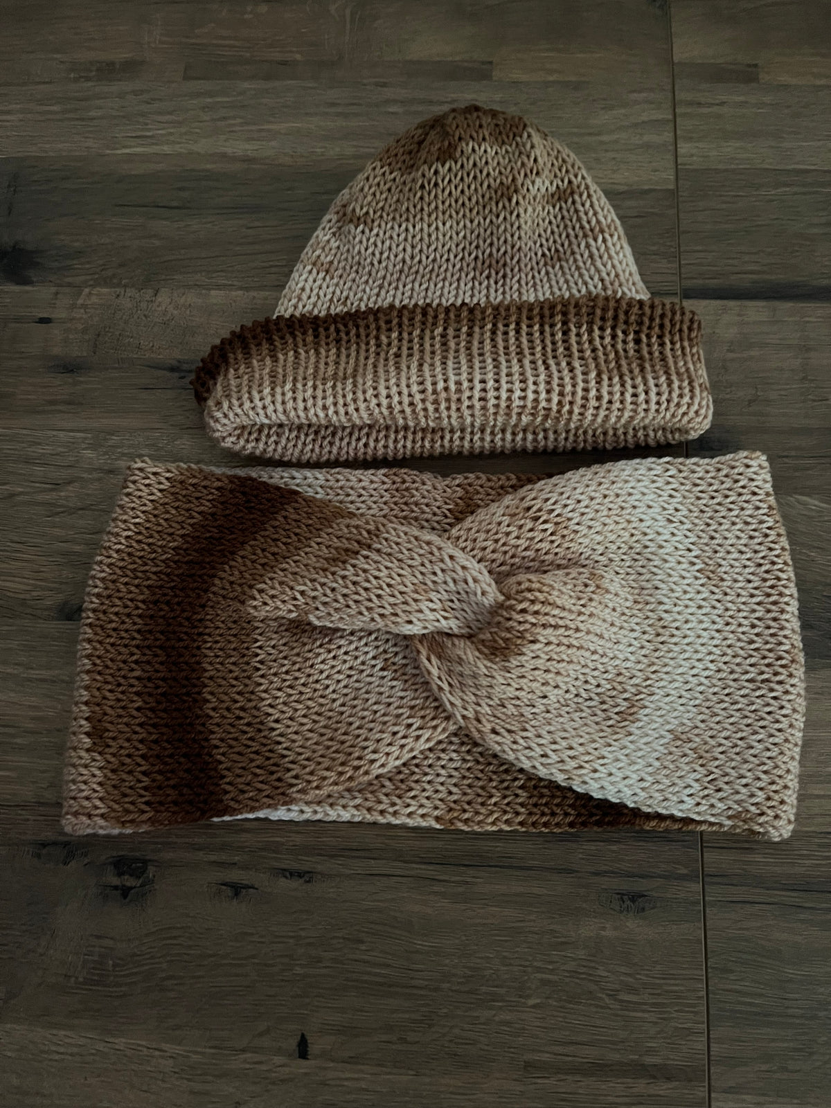 Coffee coloured knitted hat and cowl