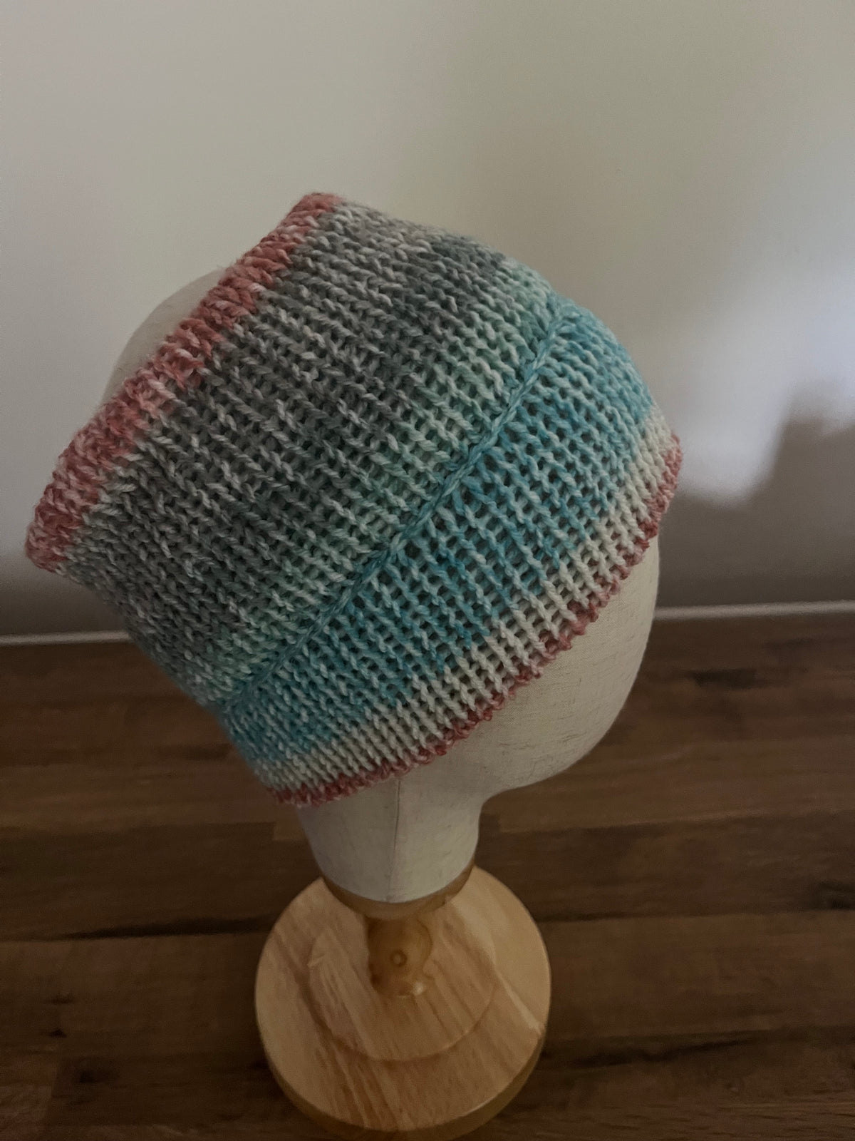 Handmade knitted kids ear warmer in blues,grey and coral