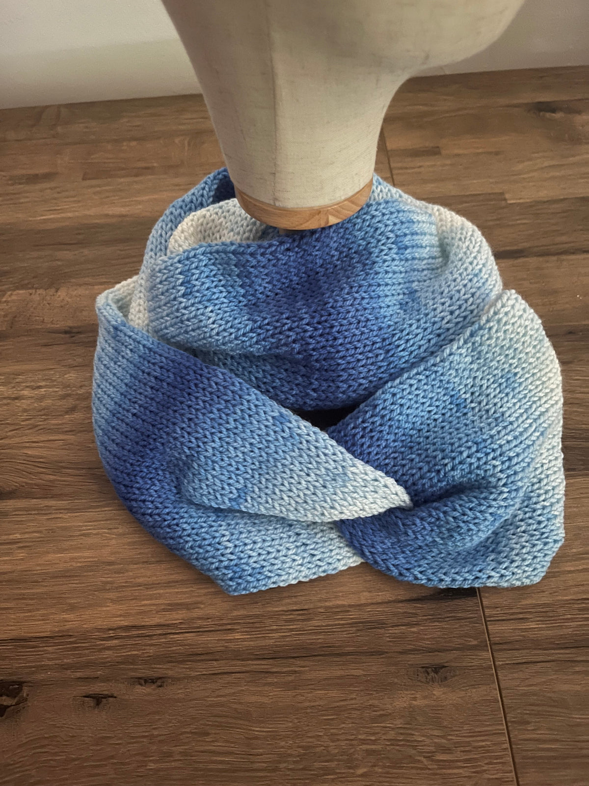 Blue and white hand made knitted infinity scarf