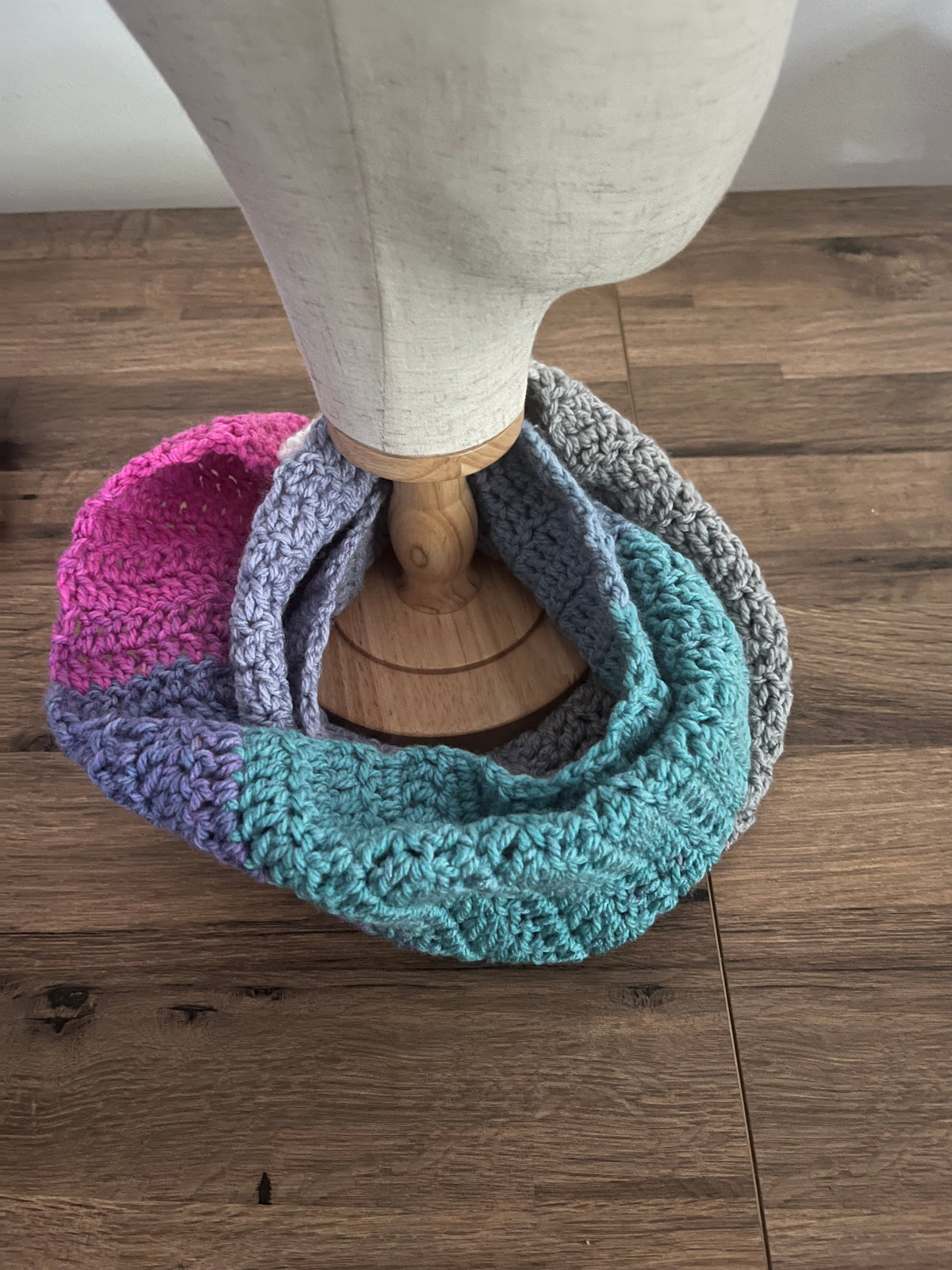 Hand made crocheted infinity scarf variegated multi coloured