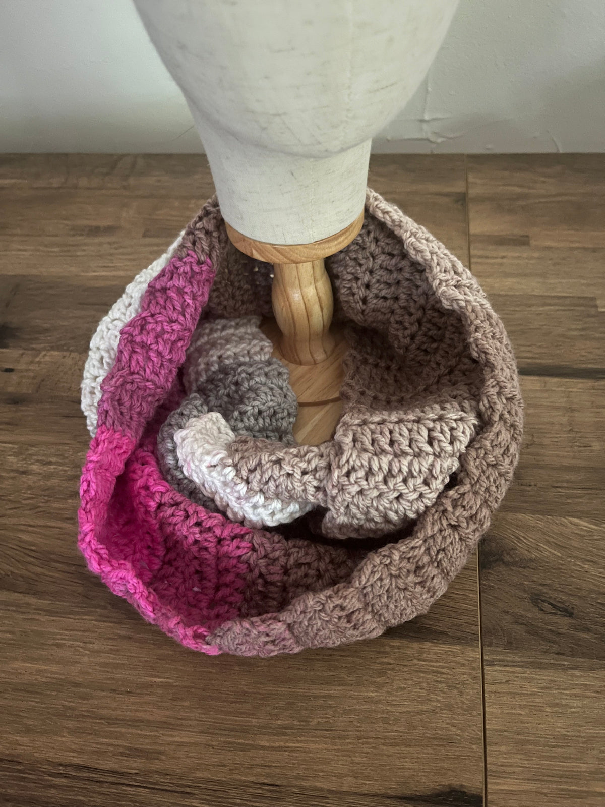 Hand made crocheted infinity scarf variegated multi coloured