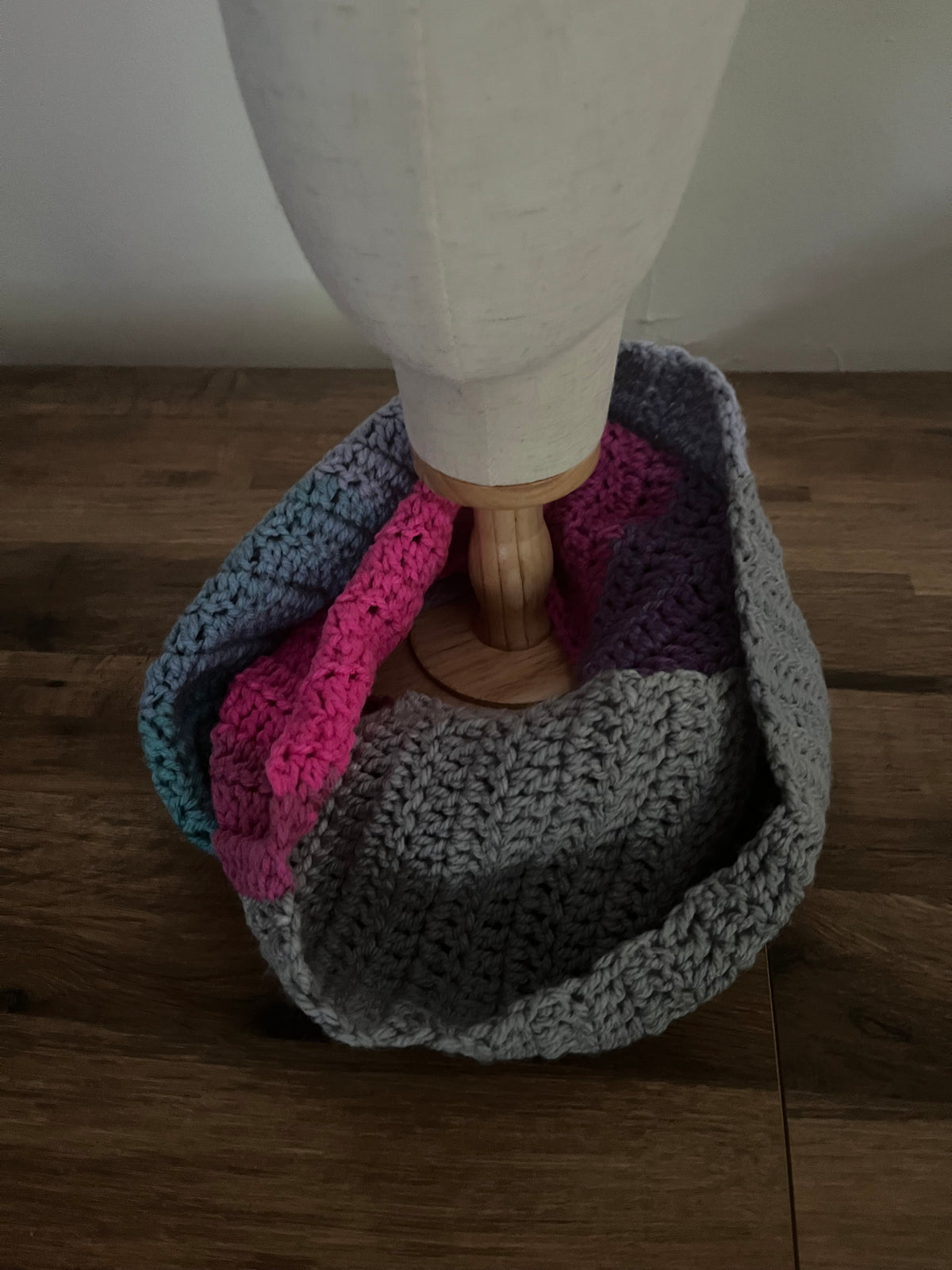 Hand made crocheted infinity scarf variegated multi coloured