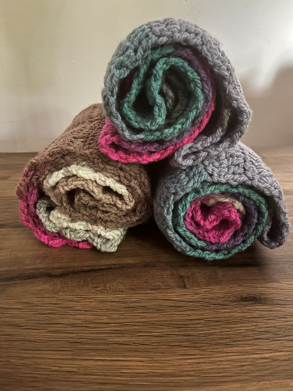 Hand made crocheted infinity scarf variegated multi coloured