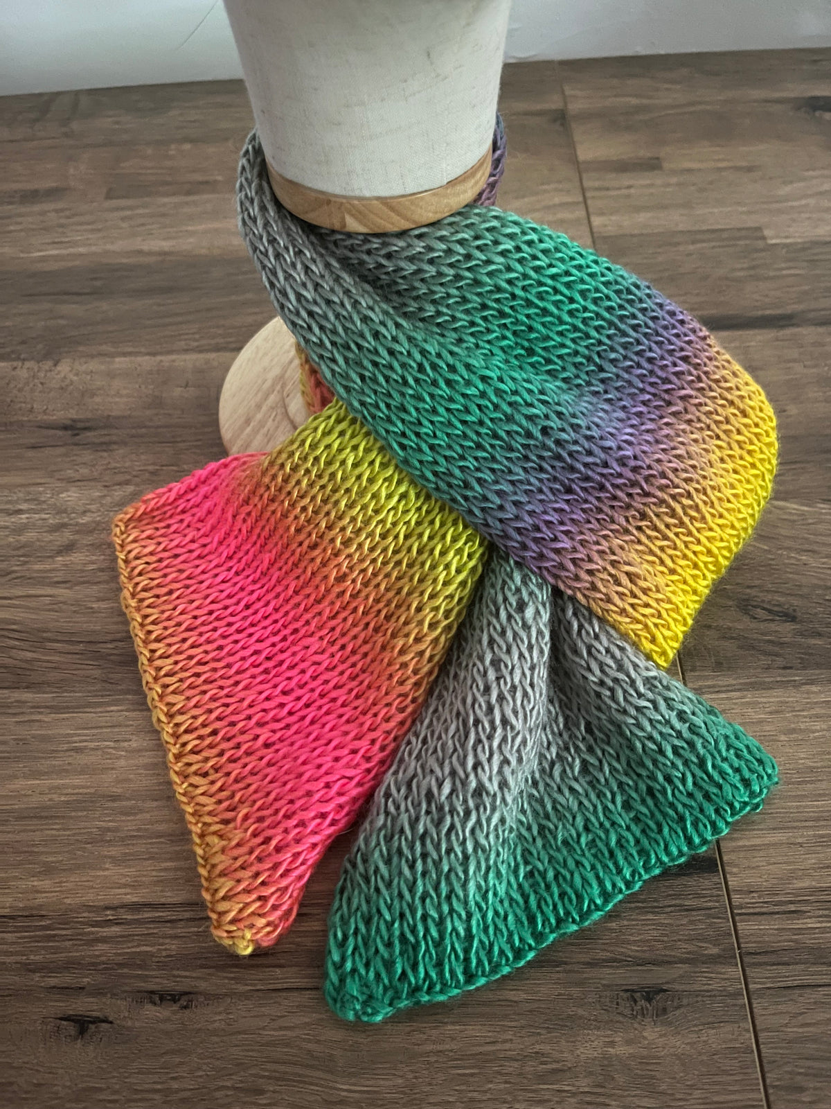 Hand made knitted scarf in a unicorn coloured rainbow approx 1.2m