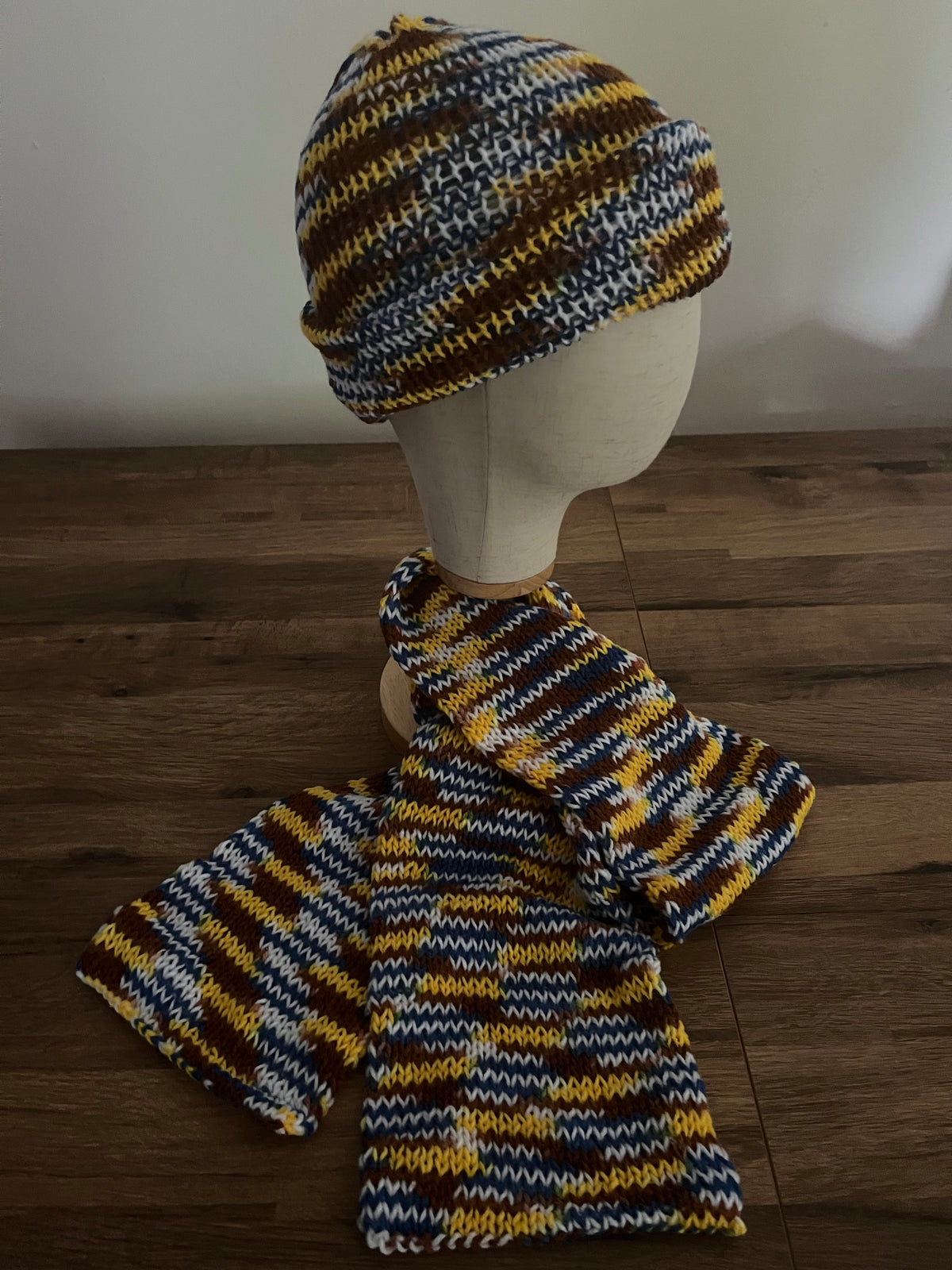 Hand knitted hat and 1.8m scarf bundle in a banana and blue stripe colour
