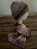 Hand made knitted hat and 1.6m scarf bundle in variegated muted pink colour