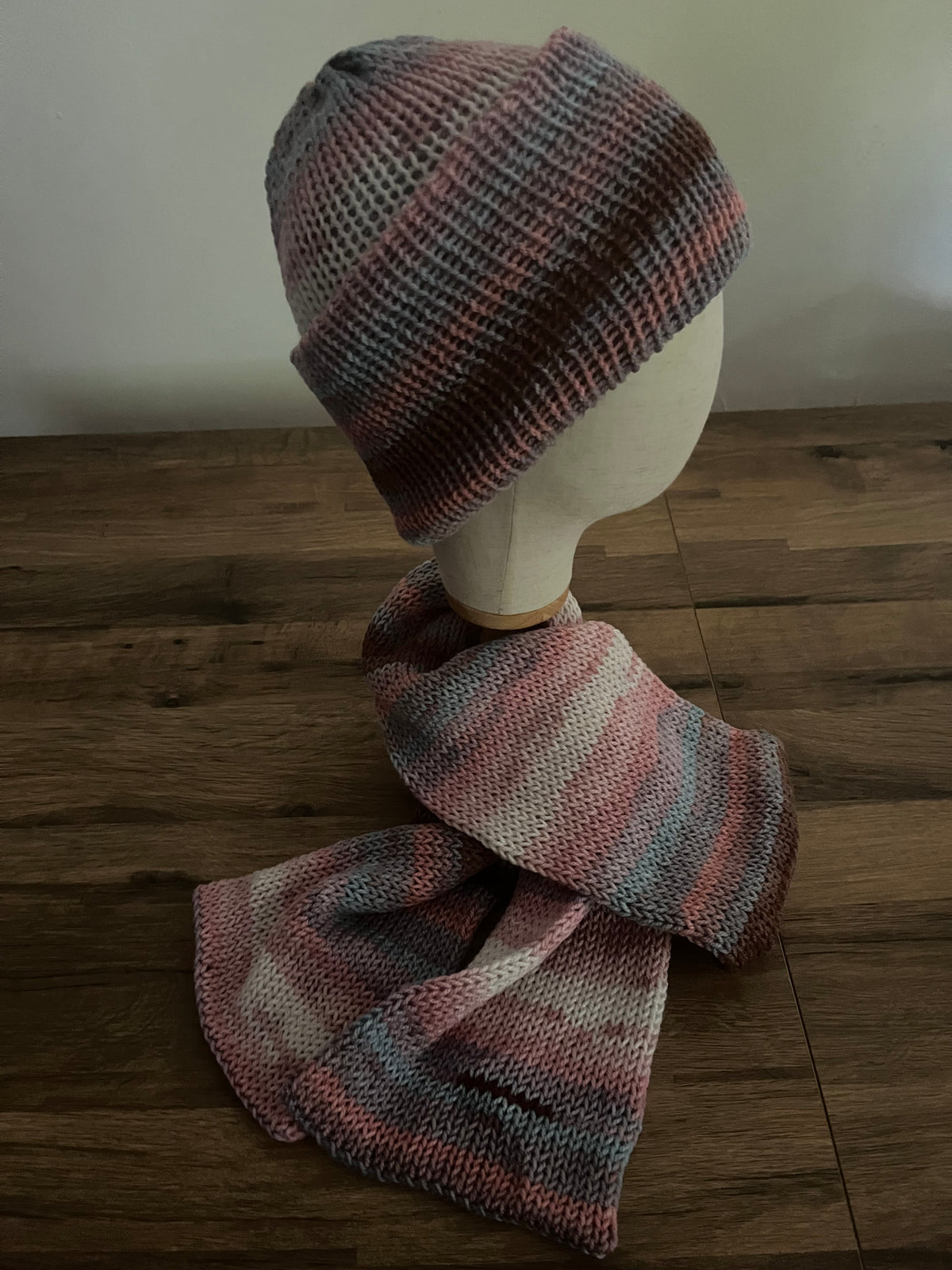 Hand made knitted hat and 1.6m scarf bundle in variegated muted pink colour